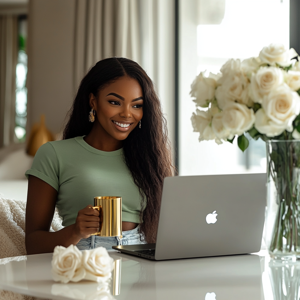 Beautiful Black Woman in Home Office with Cat