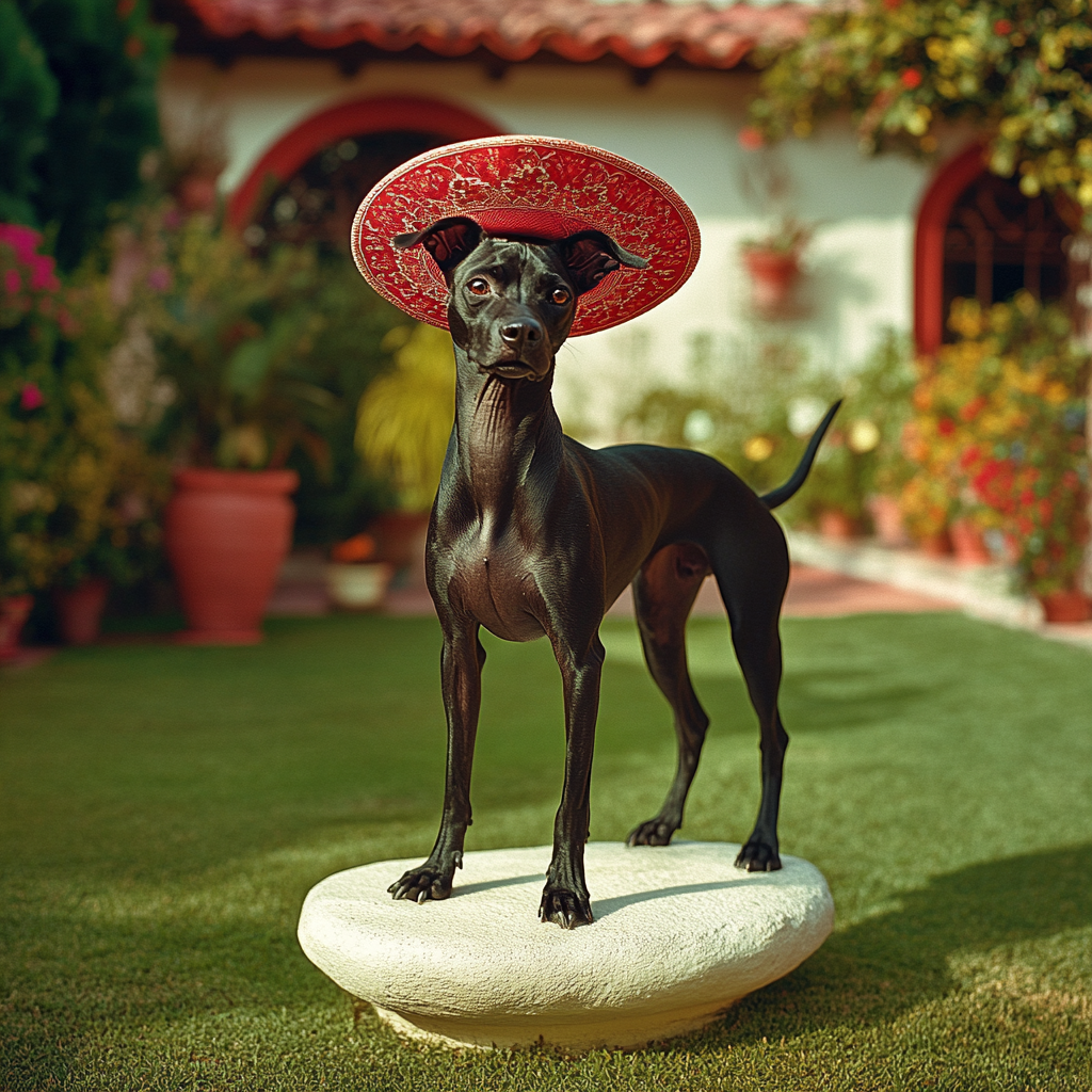 Beautiful Black Xoloitzcuintle in Mexican Garden with Hat