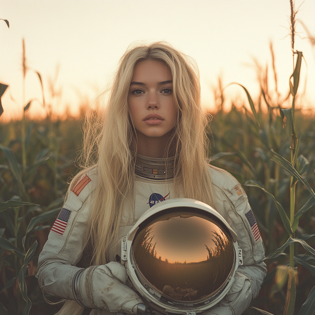 Beautiful Blonde Woman in Astronaut's Uniform at Sunset