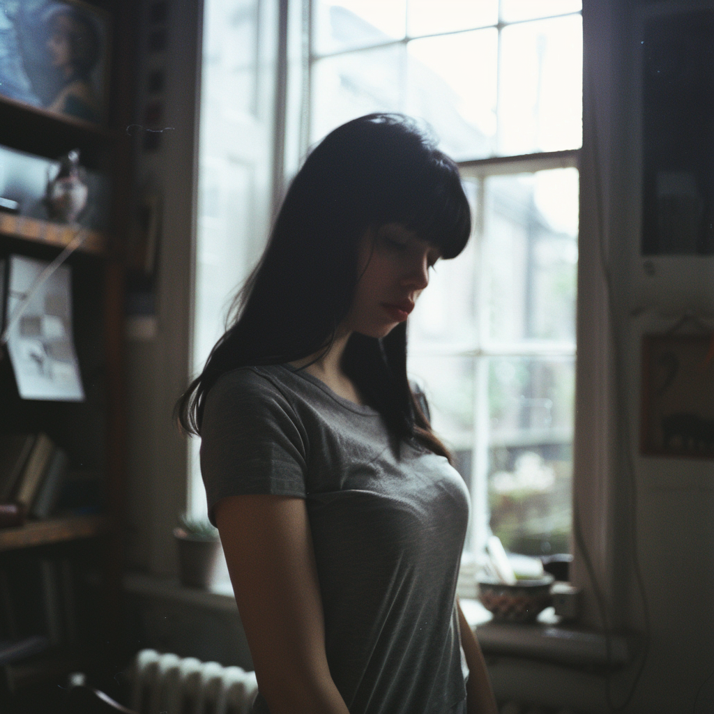 Beautiful British model in grey tshirt in loft apartment.