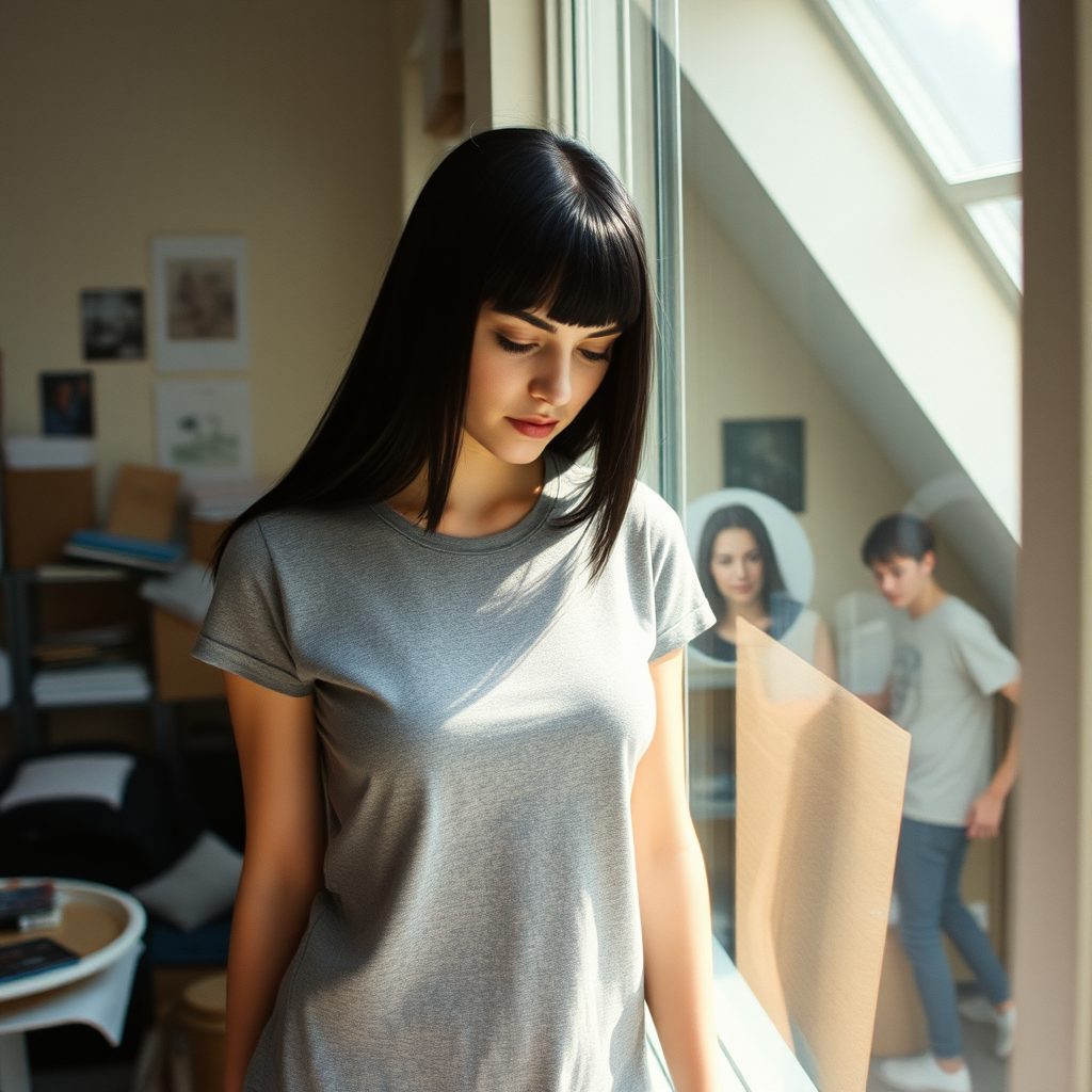 Beautiful British model on hot day in loft apartment.