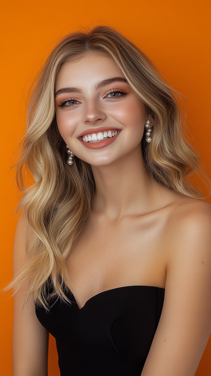 Beautiful Caucasian model in black dress smiling.