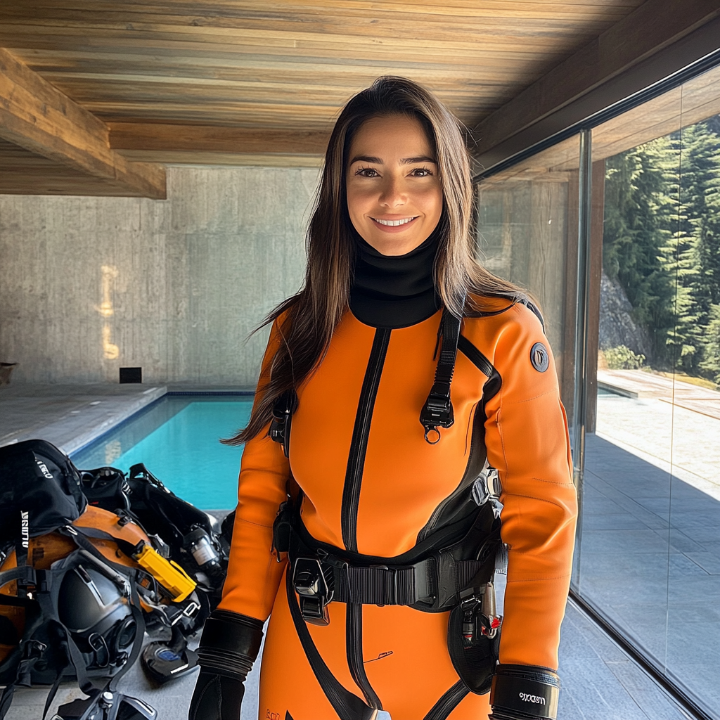 Beautiful Chilean woman in orange drysuit by scuba gear.