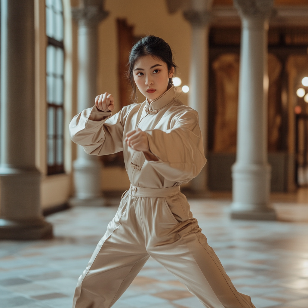 Beautiful Chinese woman in beige Hermes jumpsuit dueling opponent.