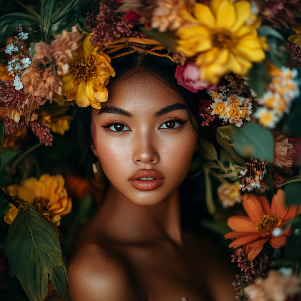 Beautiful Filipina Lady in Colorful Floral Dress.