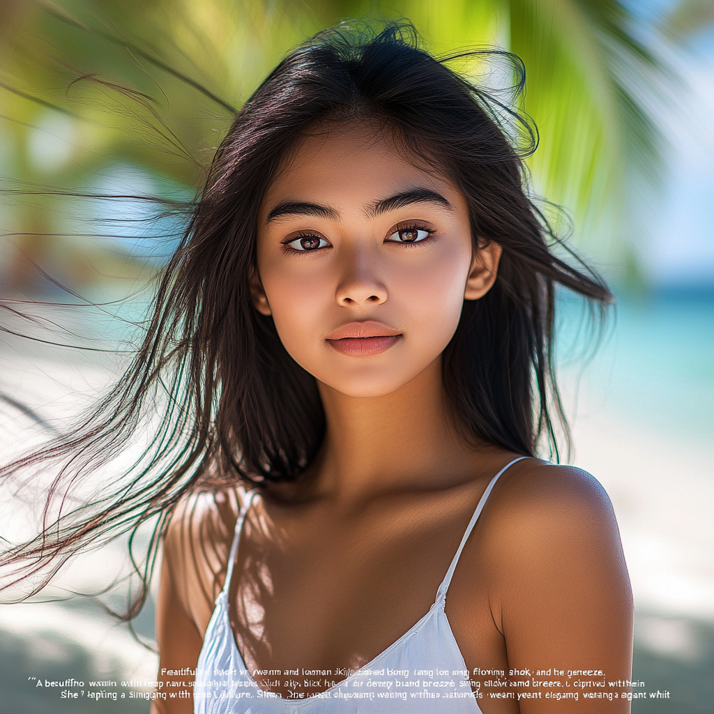 Beautiful Filipino Woman in Elegant White Sundress on Beach