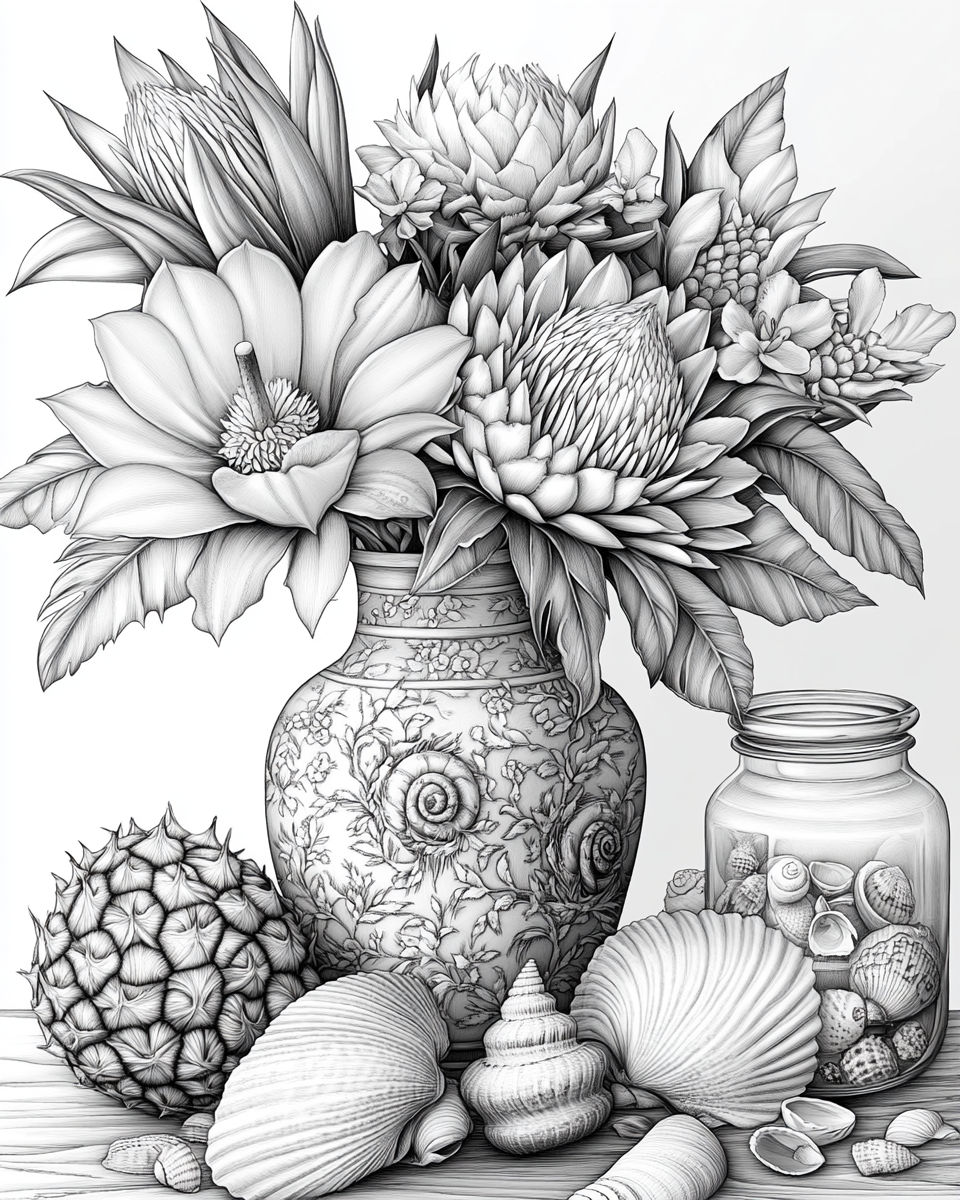 Beautiful Hawaiian Flower Arrangement in Black and White