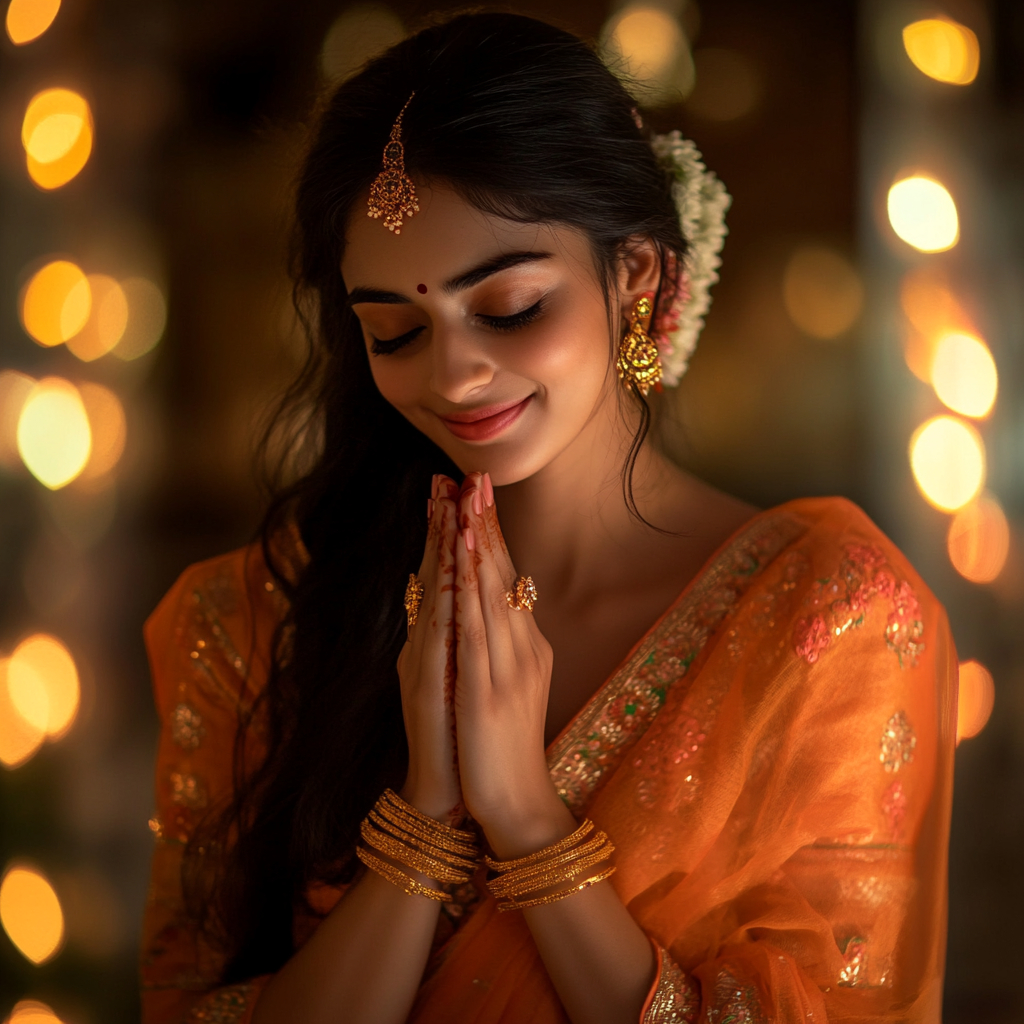 Beautiful Indian Model in Traditional Diwali Clothes Smiling 