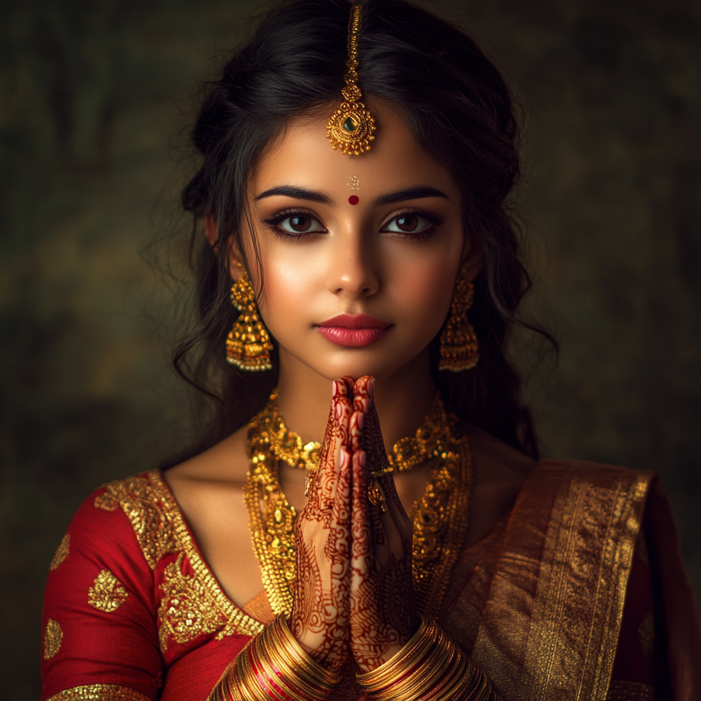 Beautiful Indian girl in Namaste pose, traditional attire