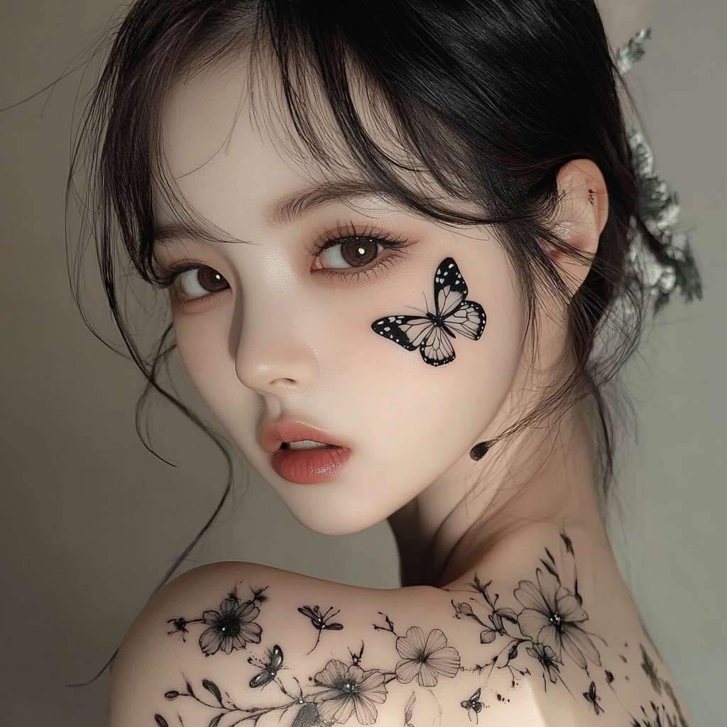 Beautiful Korean Girl with Winter Tattoo and Butterfly