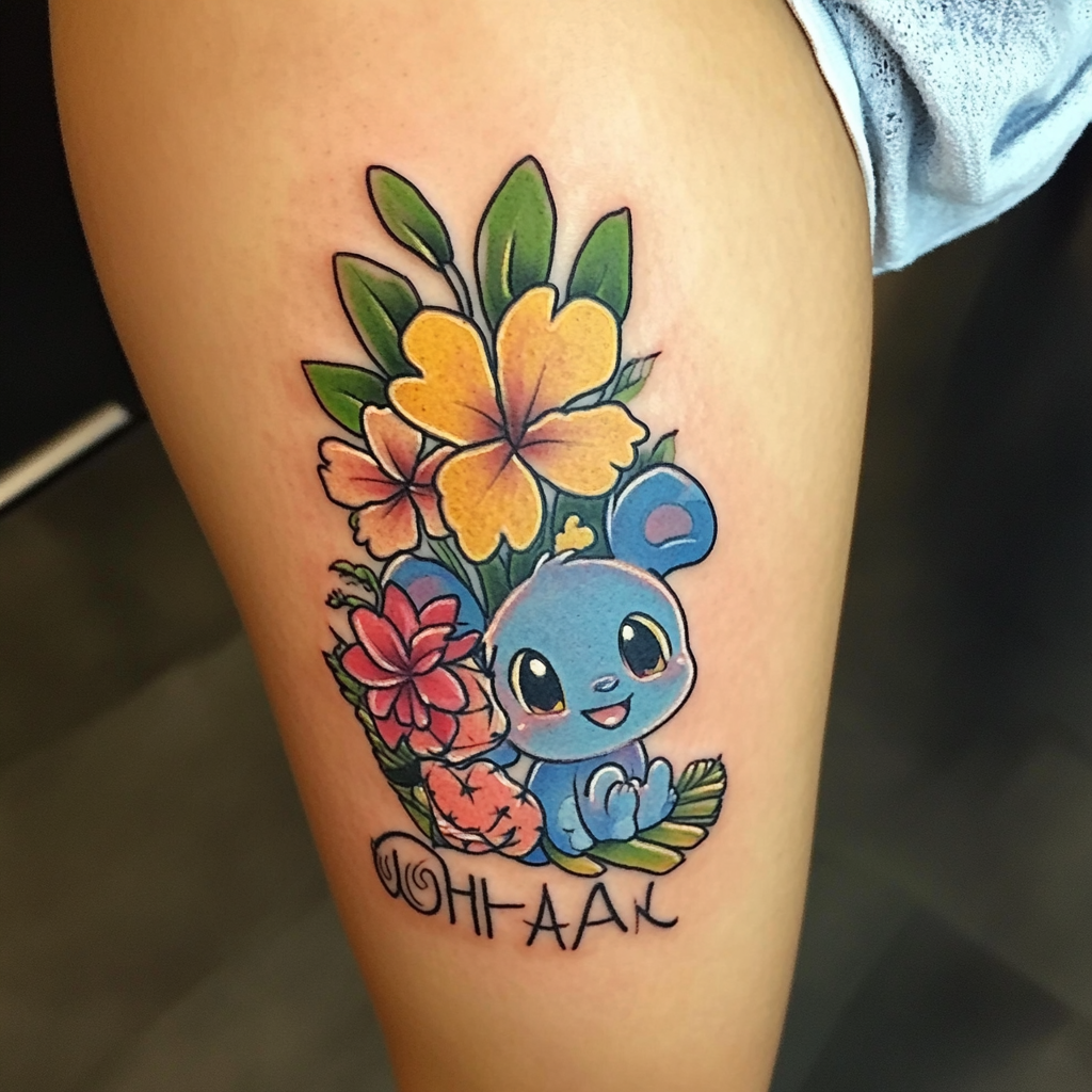 Beautiful Lilo and Stitch Hawaiian tattoo symbolizing family love.