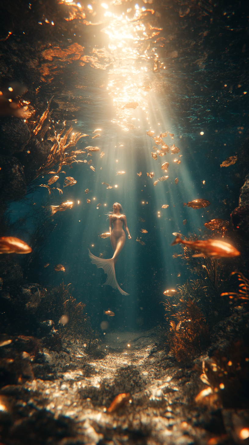 Beautiful Mermaid Swimming with Fish at Bottom of Sea