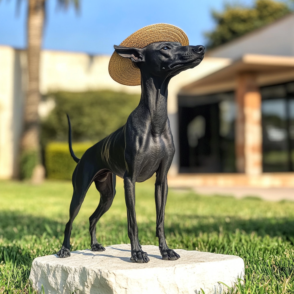 Beautiful Mexican Xoloitzcuintle in Sombrero on Stone 