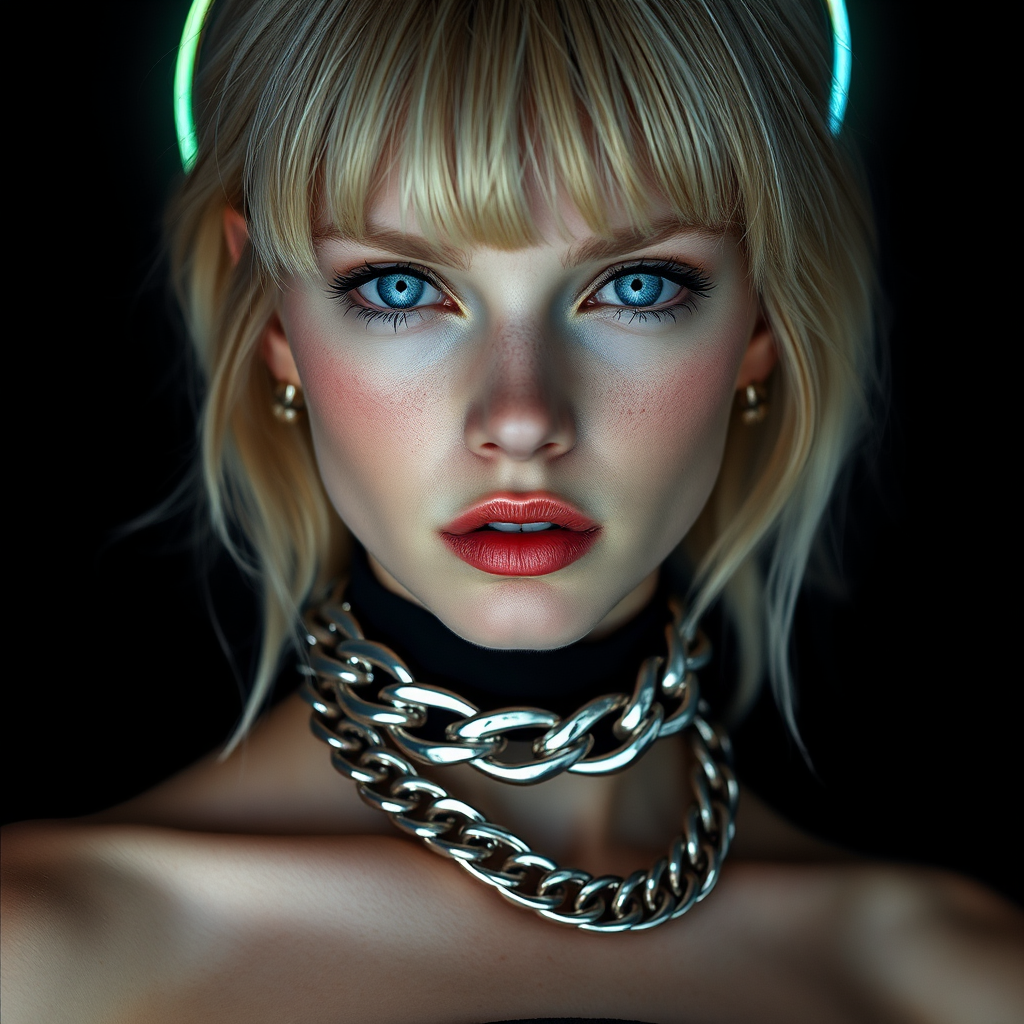 Beautiful Russian model with holographic halo in surreal biomechanics.