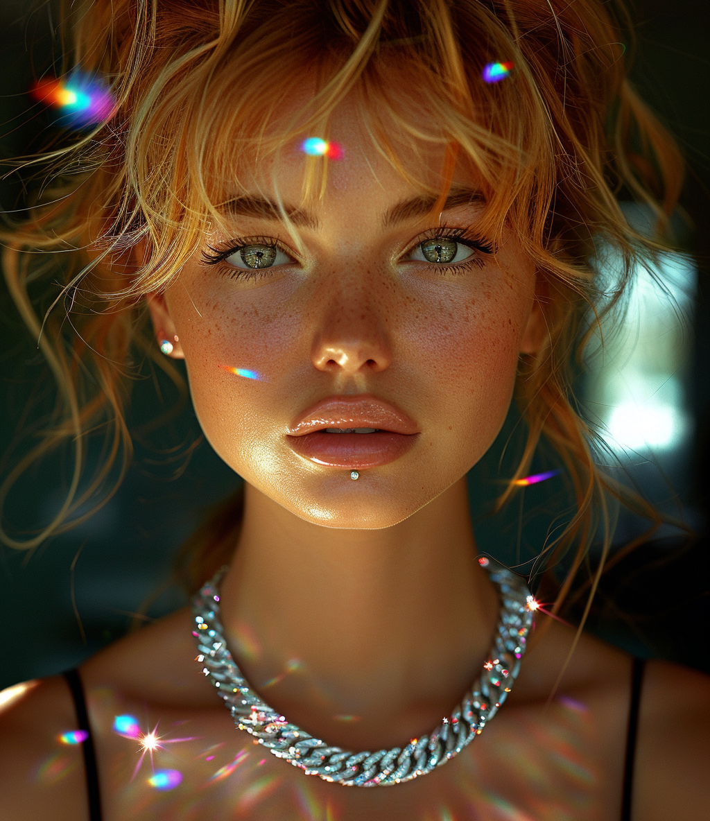 Beautiful Russian model with platinum chain and holographic halo.