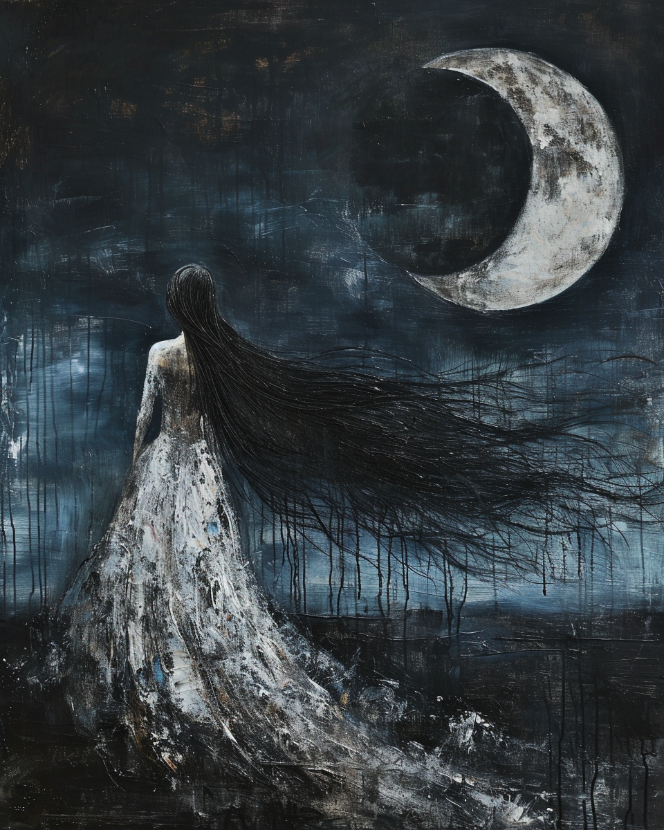 Ethereal Gothic Sorceress Black Moon Oil Painting