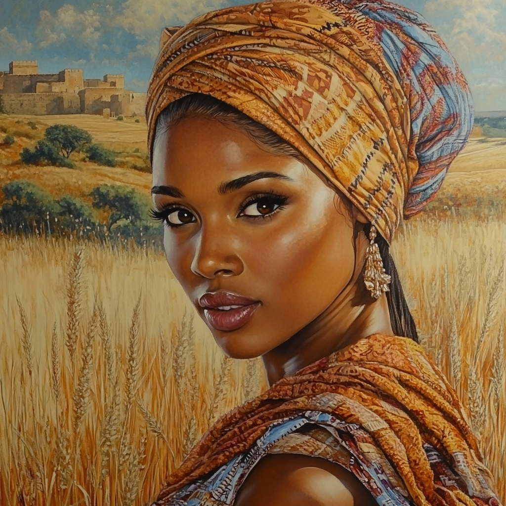 Beautiful South African woman smirking in stunning painting.