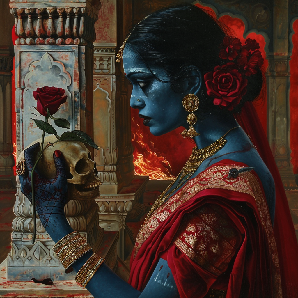 Beautiful Tamil Woman in Blue and Red Saree Painting