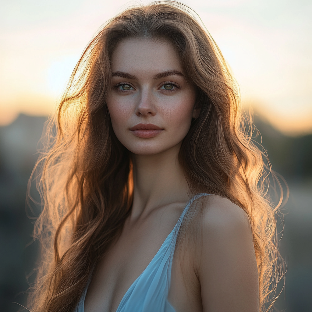 Beautiful Ukrainian woman in elegant evening dress, sunset background.