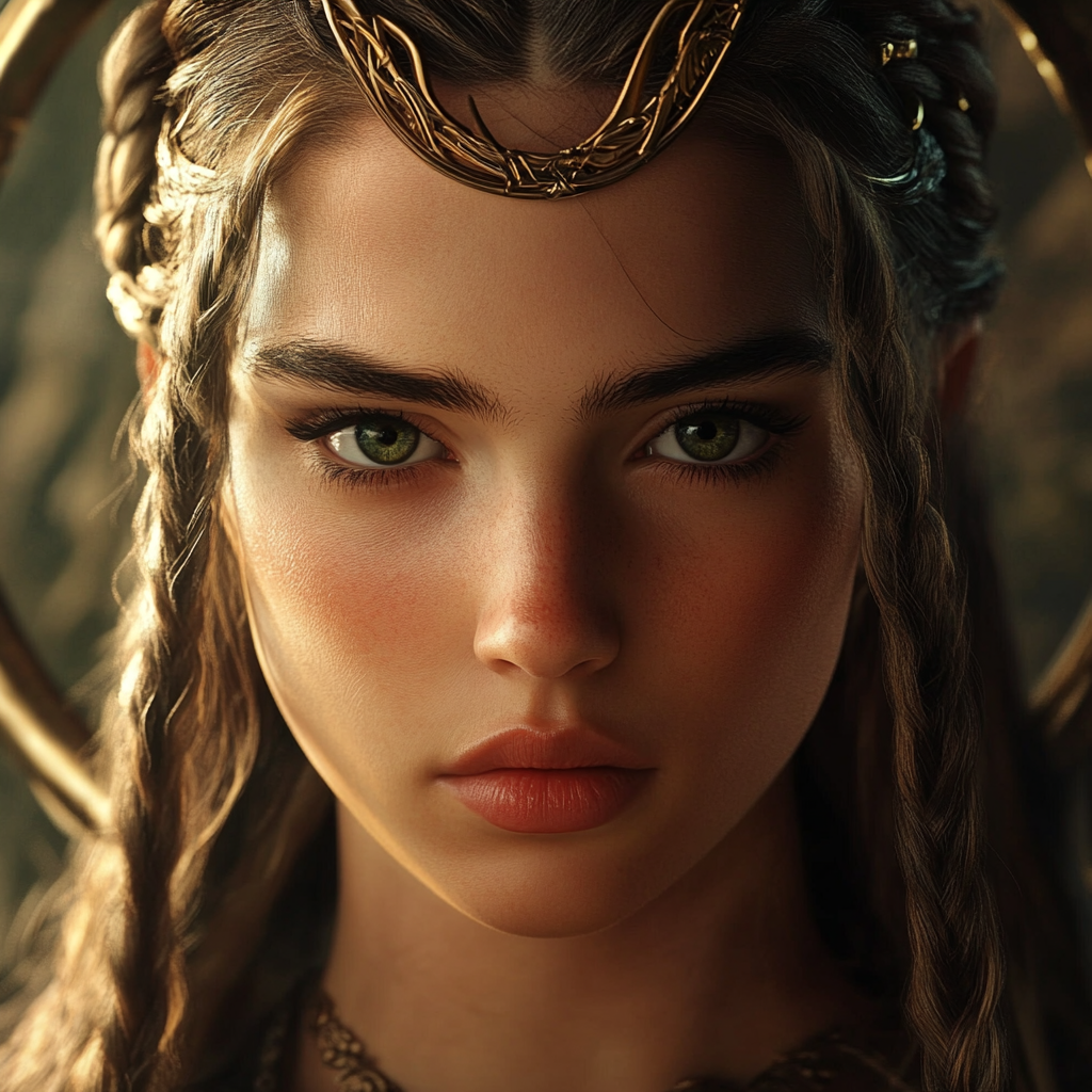 Beautiful Valkyrie with Braided Hair and Golden Hoop