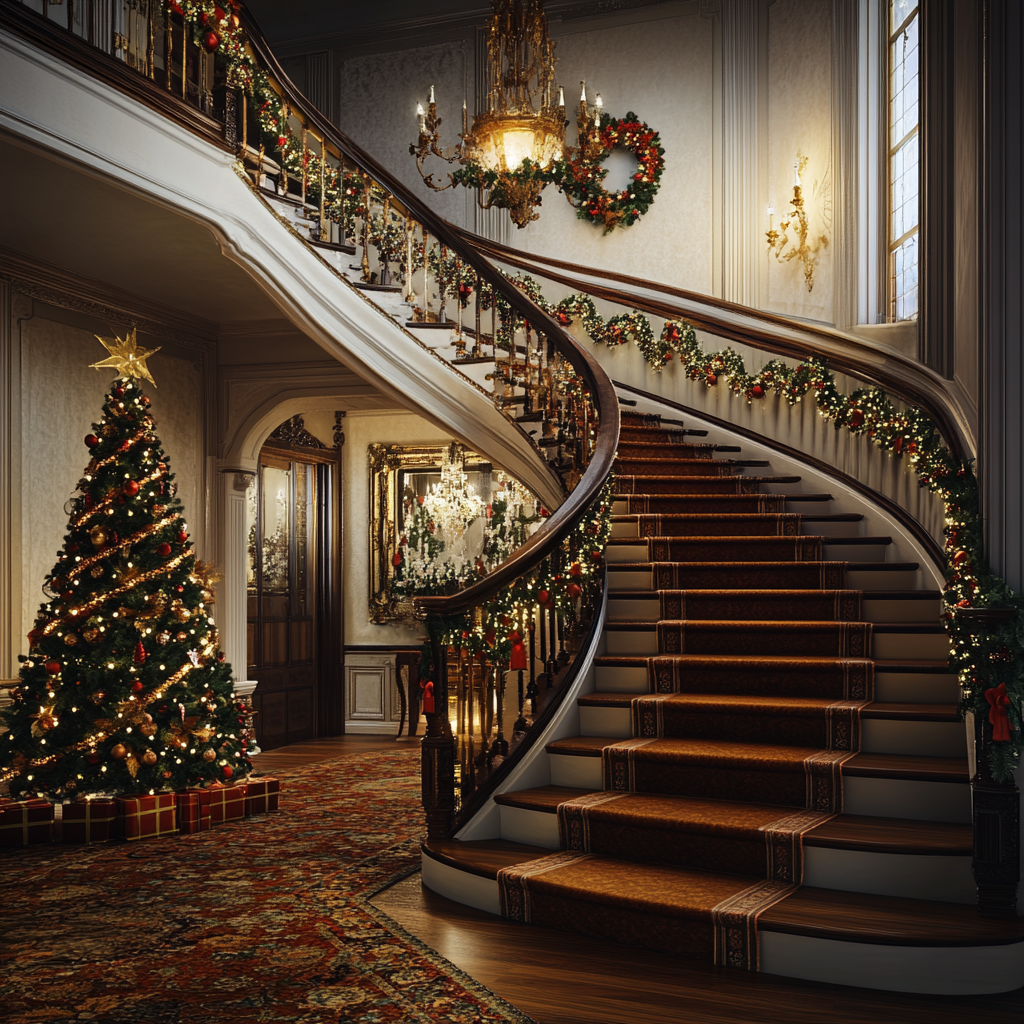 Beautiful Victorian staircase with Christmas decorations in 2024 home.