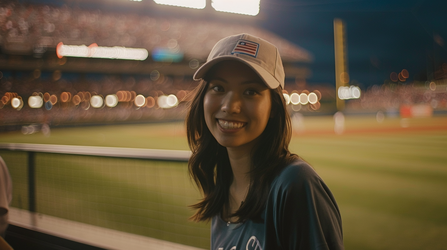 Beautiful Woman at Night Baseball Game in Cleveland, Karen Fukuhara Smiling