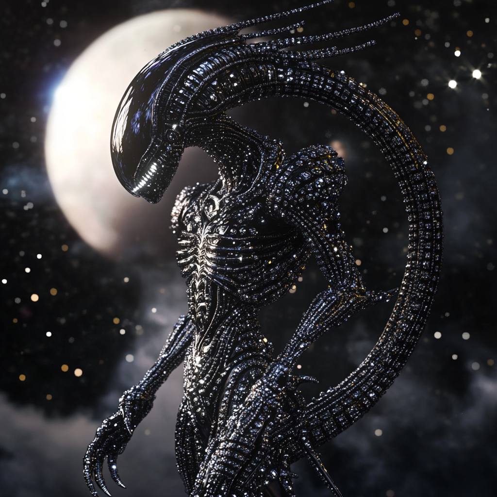 Beautiful alien, made of microscopic diamonds on planet.