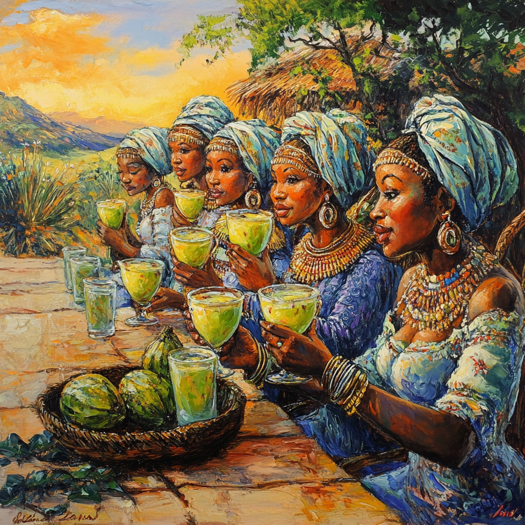 Beautiful ancient African women drinking soursop juice in South Africa.