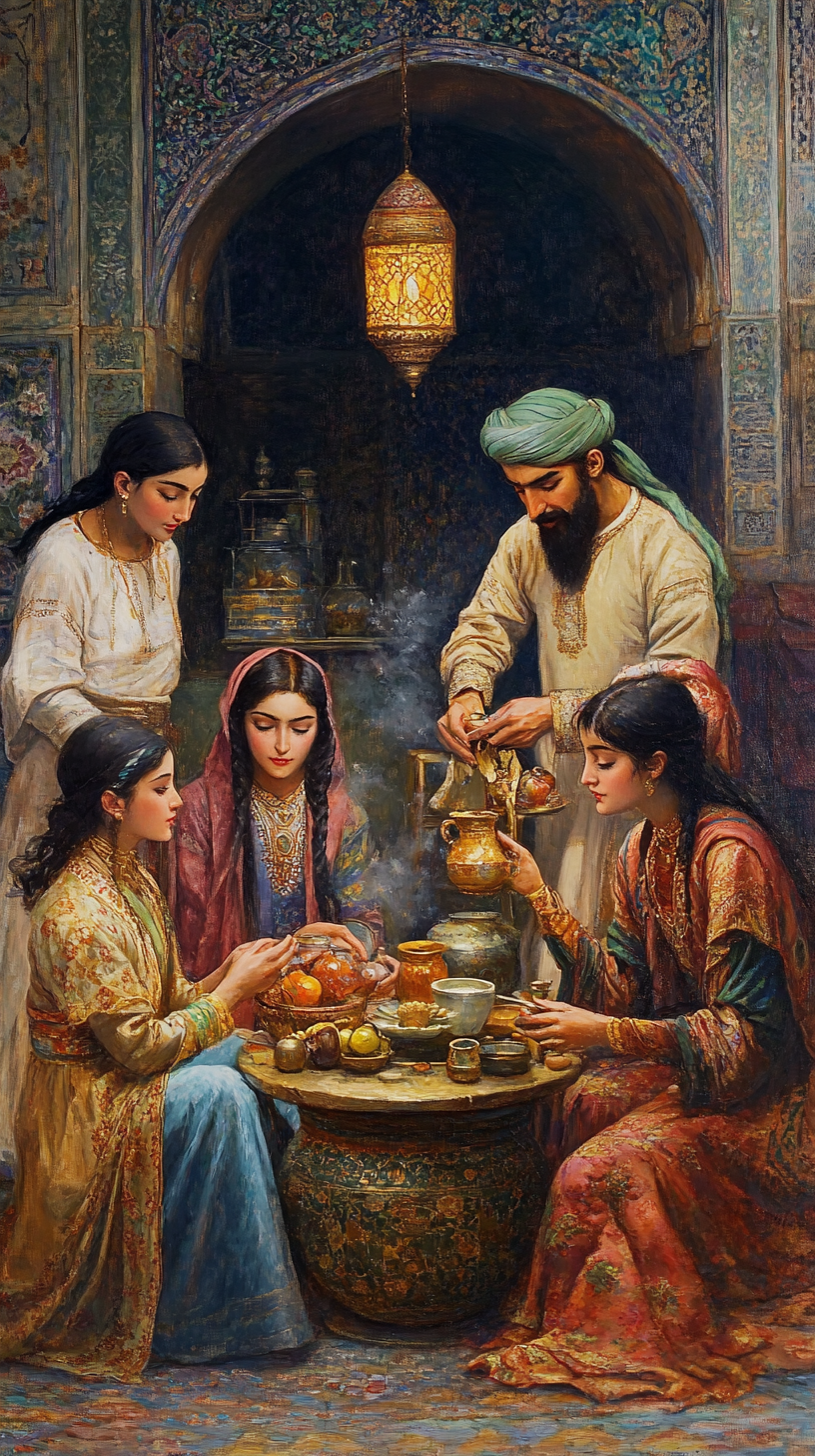 Beautiful ancient Persians making remedies in ancient painting style.