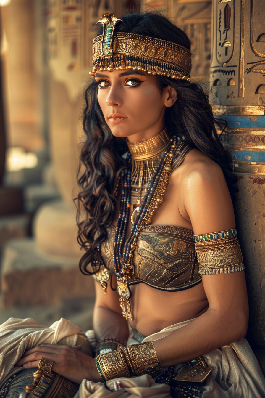 Beautiful ancient women in ornate jewelry, mimicking Egyptian culture.