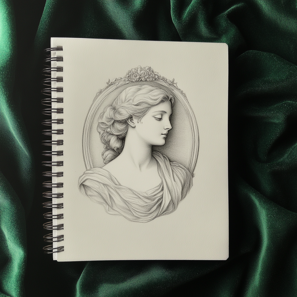 Beautiful art nouveau sketch of Venus on notebook.