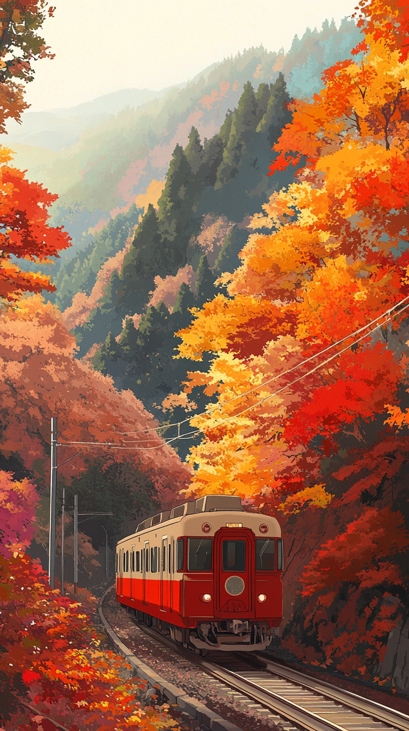 Beautiful autumn train journey through vibrant Japanese landscape.