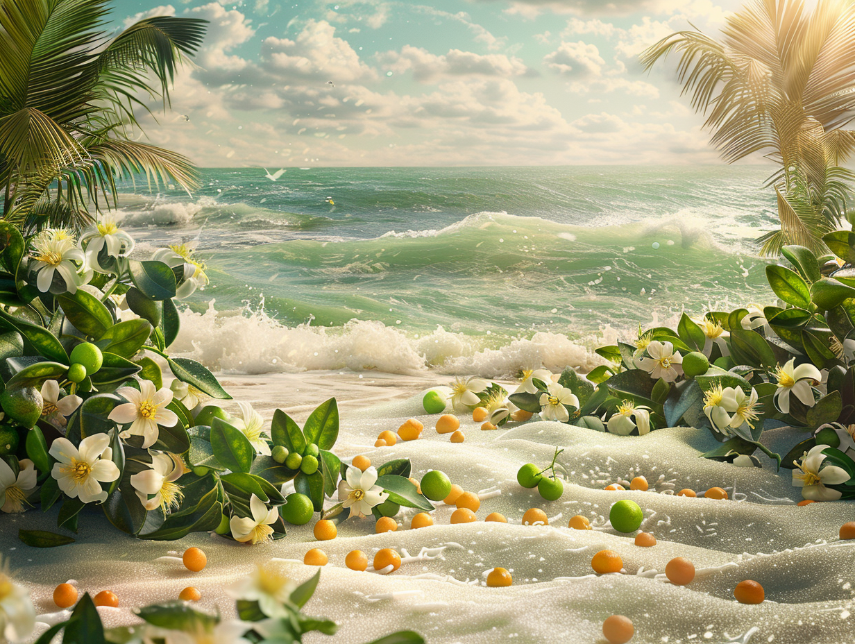 Beautiful beach landscape with fruits, flowers, and waves