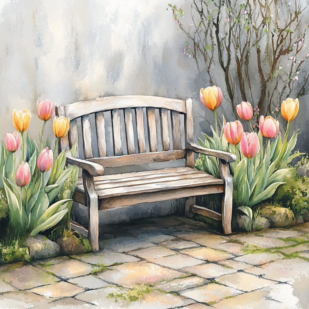 Beautiful bench in spring garden watercolor illustration