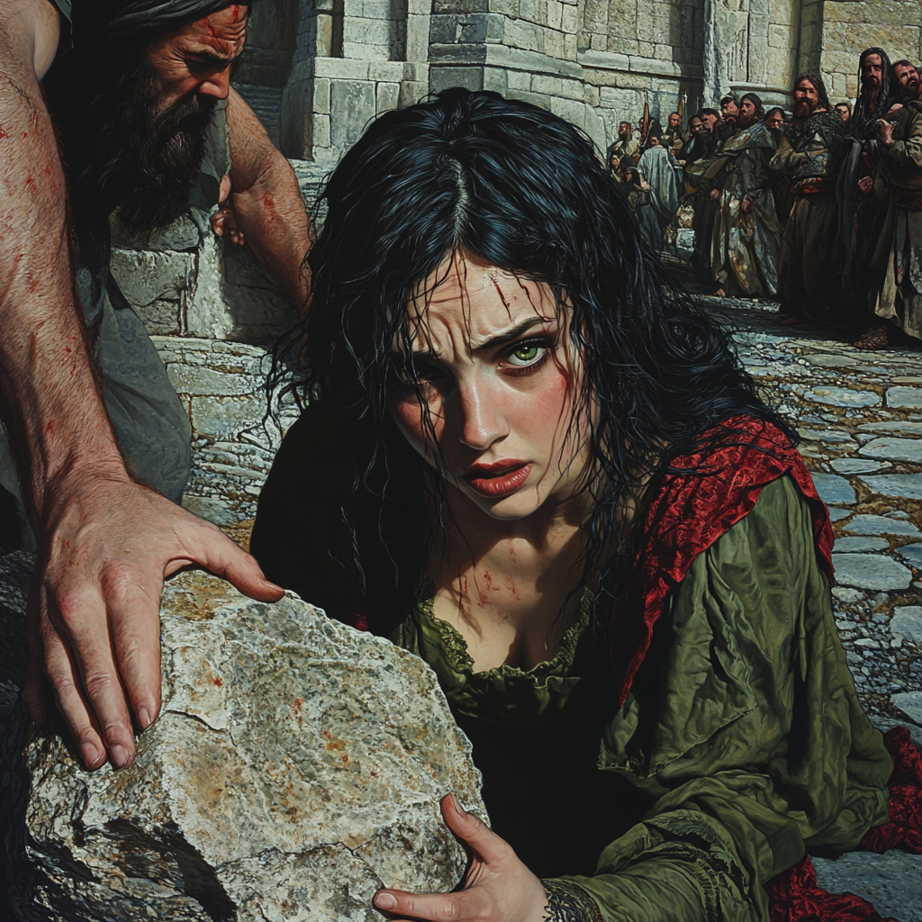 Beautiful biblical woman weeping in stone streets, afraid. Angry.