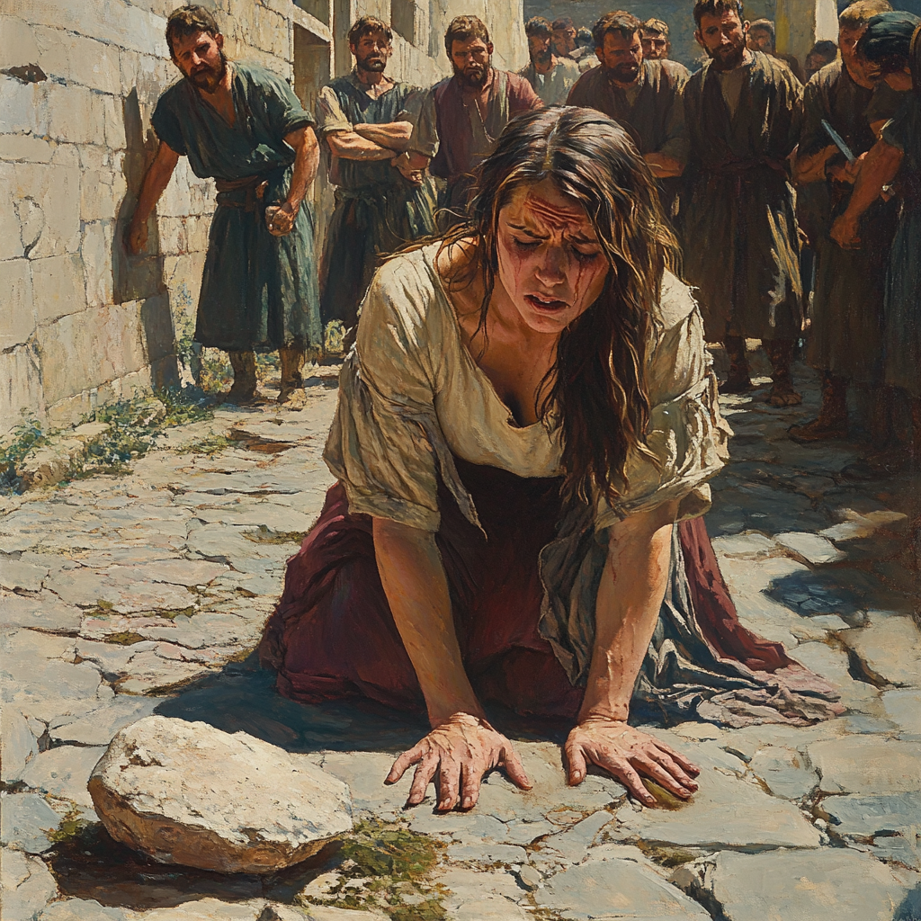 Beautiful biblical woman weeping on knees, afraid, surrounded.