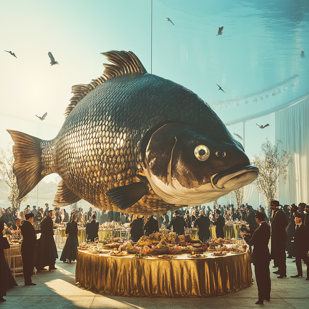 Beautiful big chunky fish in wedding hall scene.