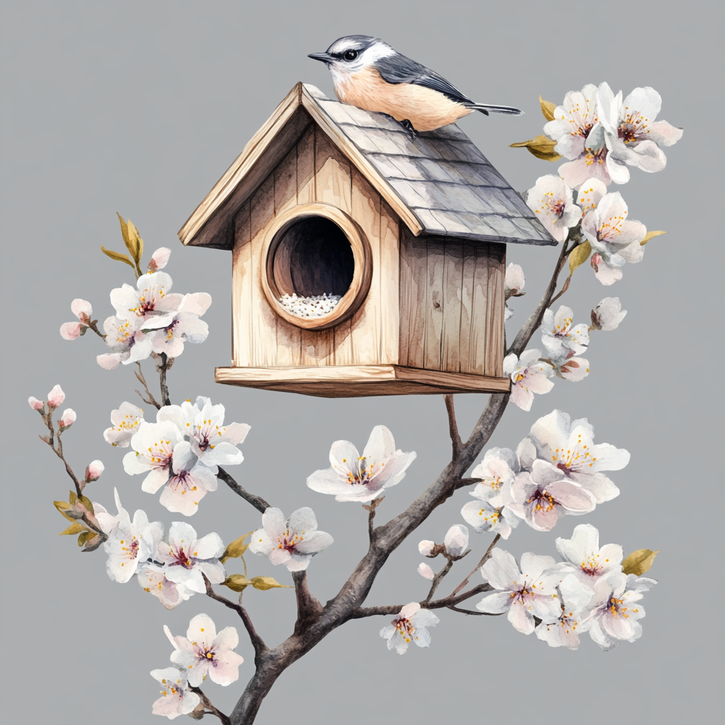 Beautiful birdhouse on blooming tree with colorful bird