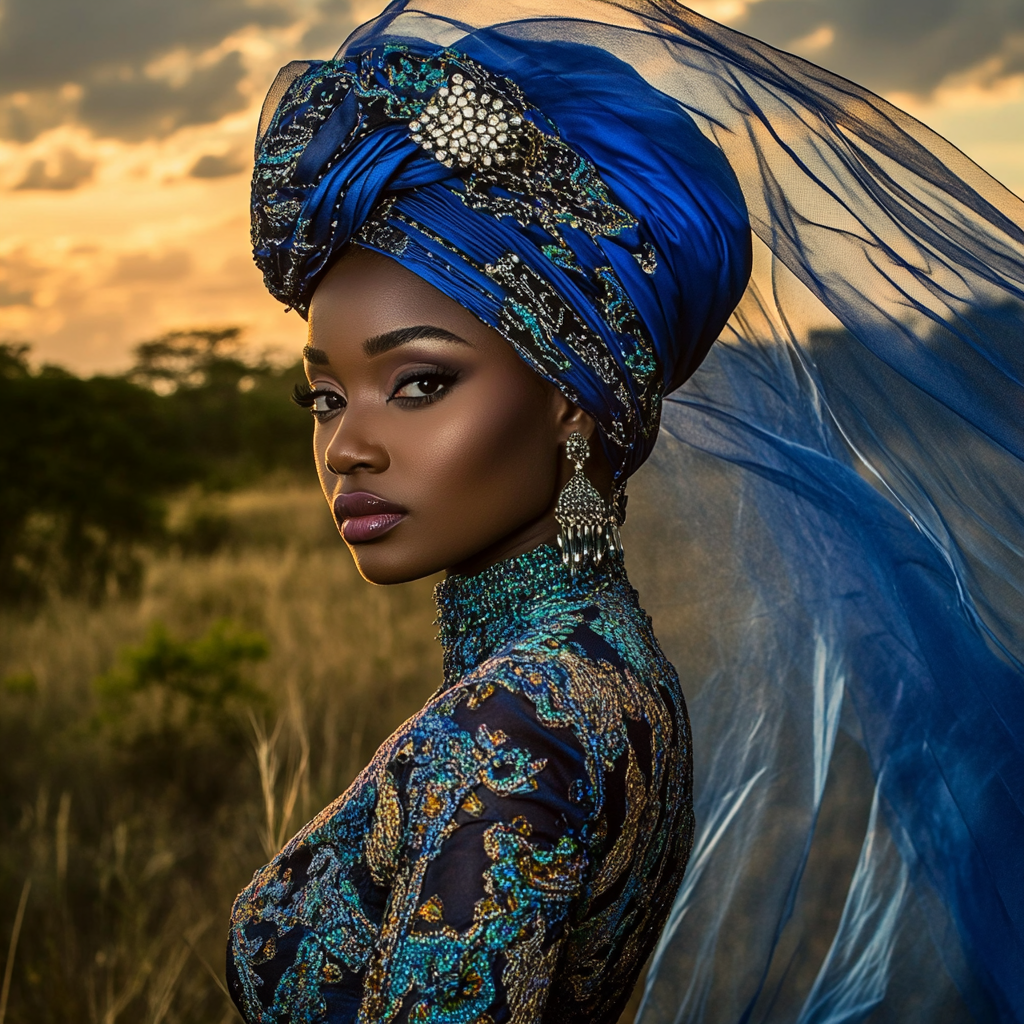 Beautiful black bride in Botswana wearing blue printed fabric.