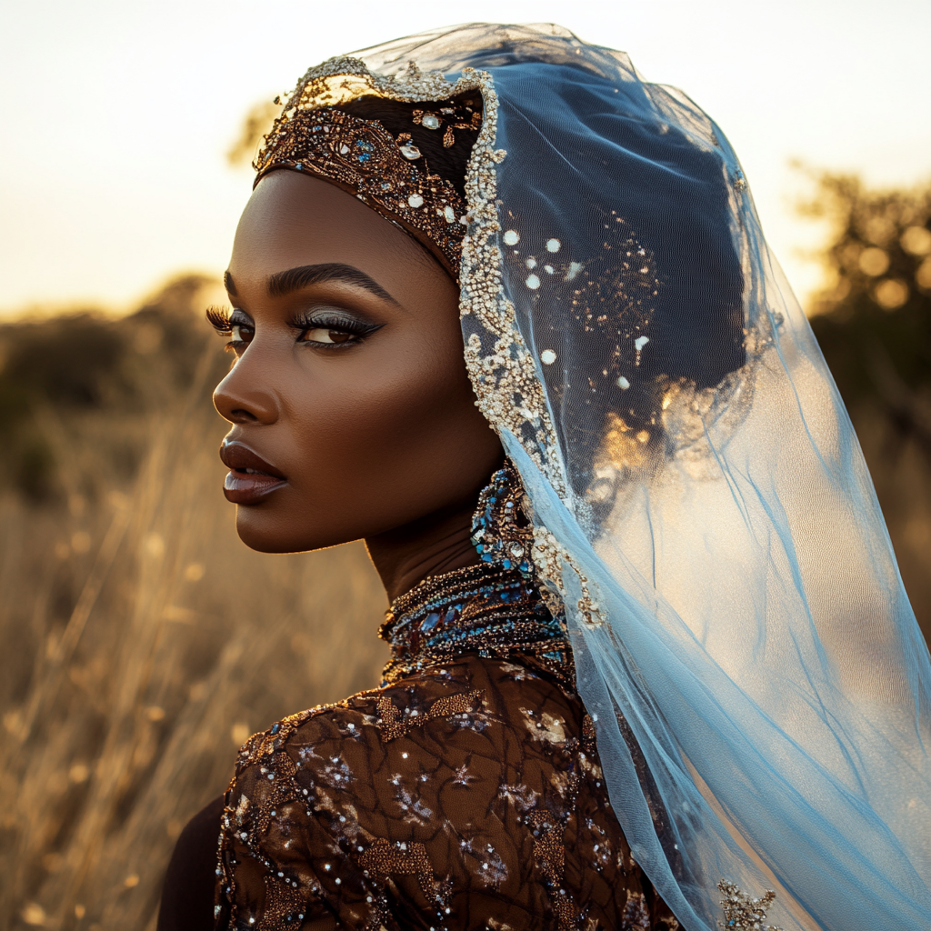 Beautiful black bride in Botswana wearing brown fabric.