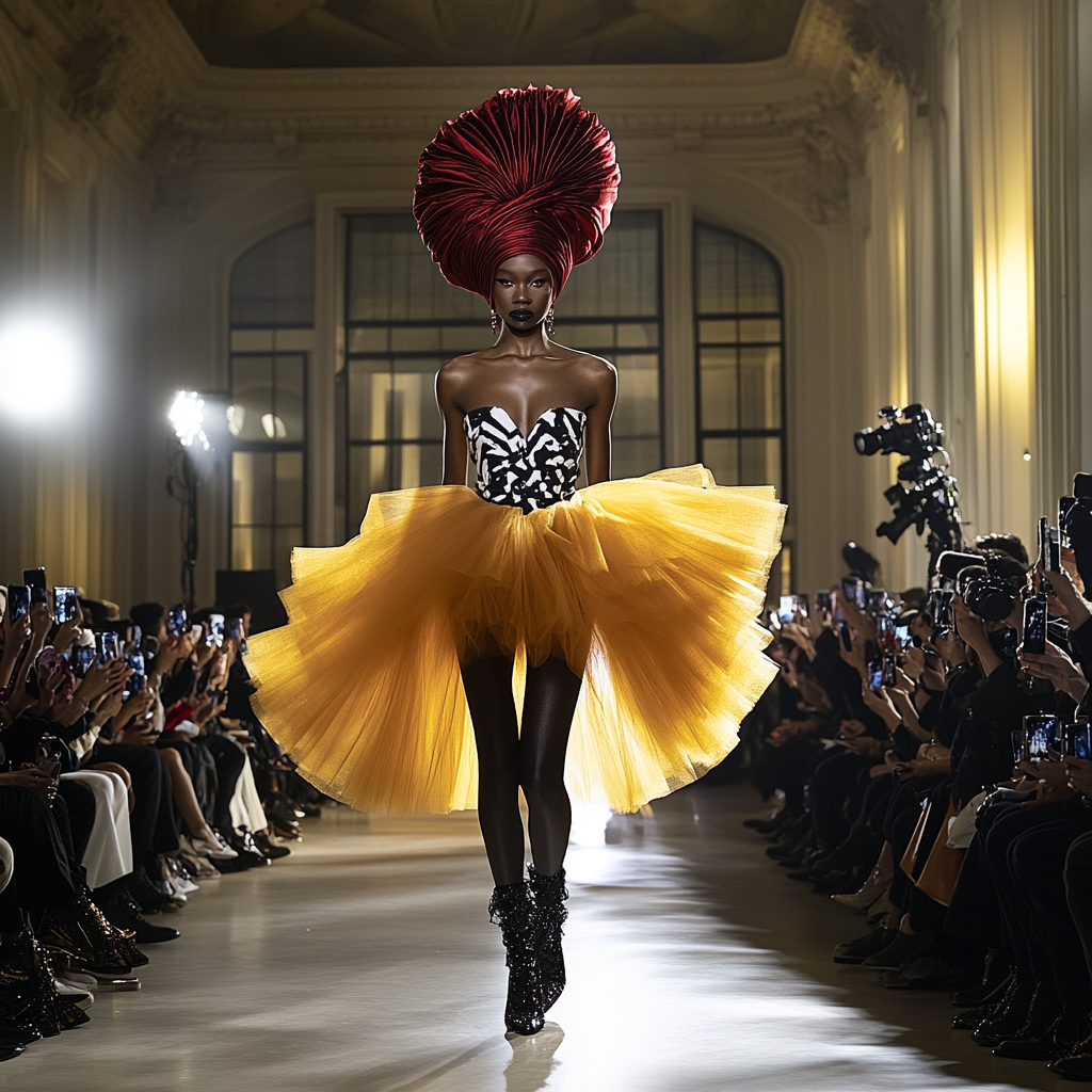 Beautiful black woman in black and white dress on runway.