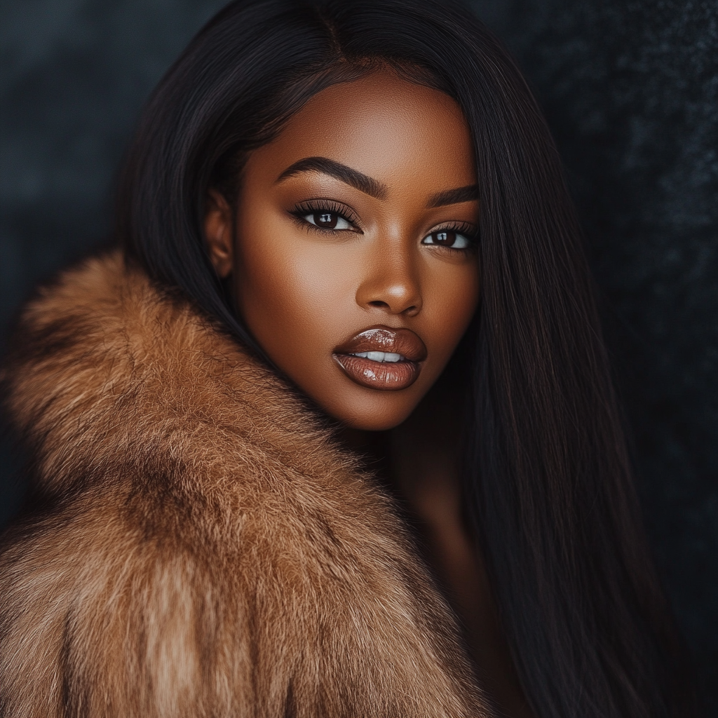 Beautiful black woman in fur coat with brown skin.