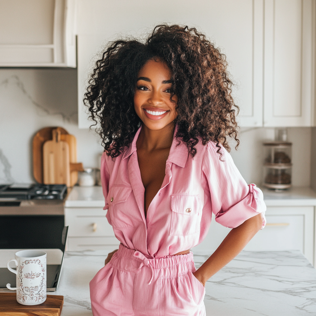 Beautiful black woman standing with laptop in kitchen.