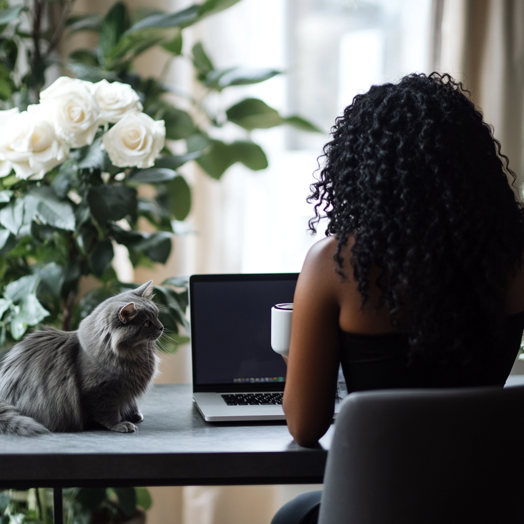 Beautiful black woman working at cozy home office