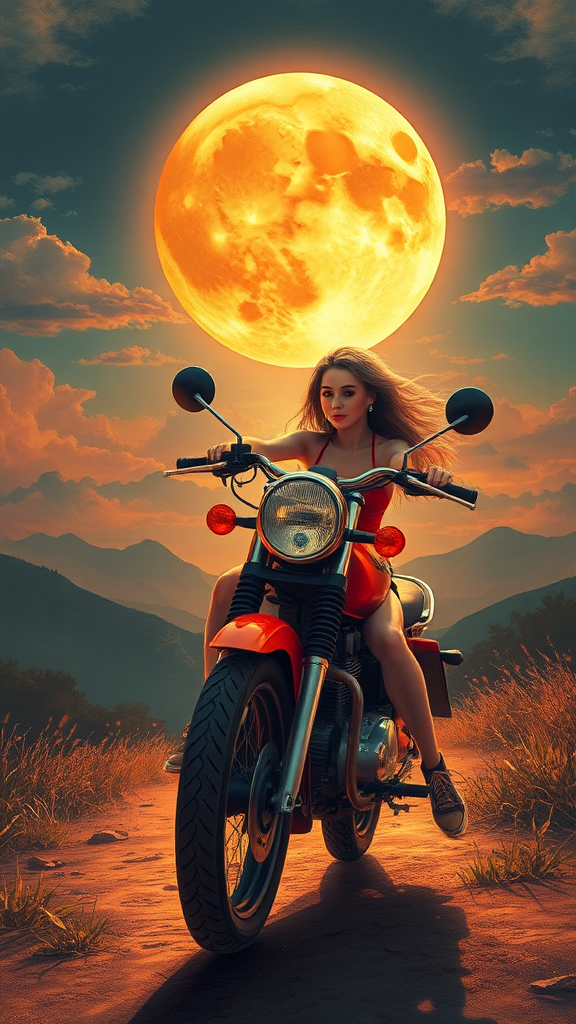 Beautiful blonde biker girl with big moon background