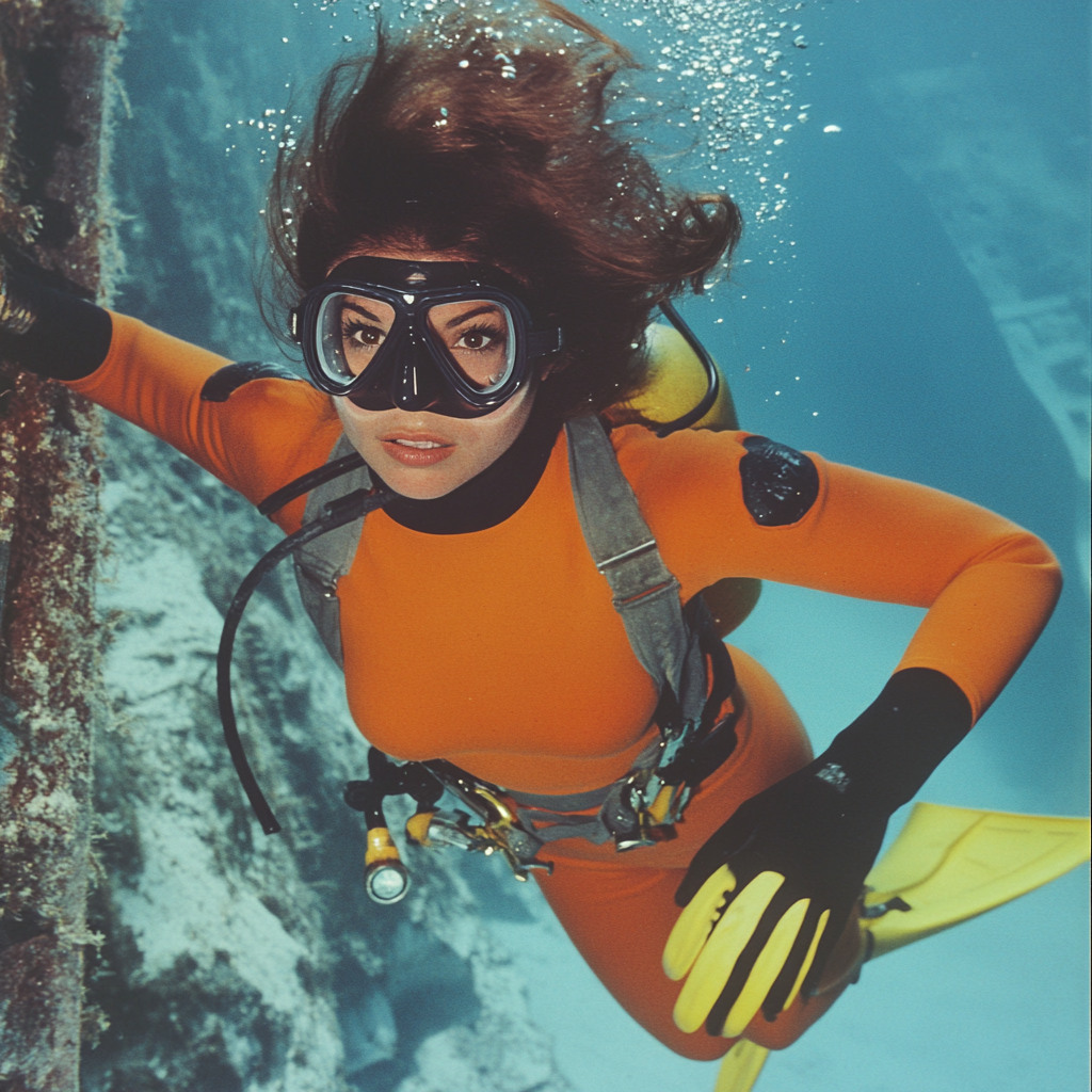 Beautiful brunette diving in sunken ship in 1970s quality.