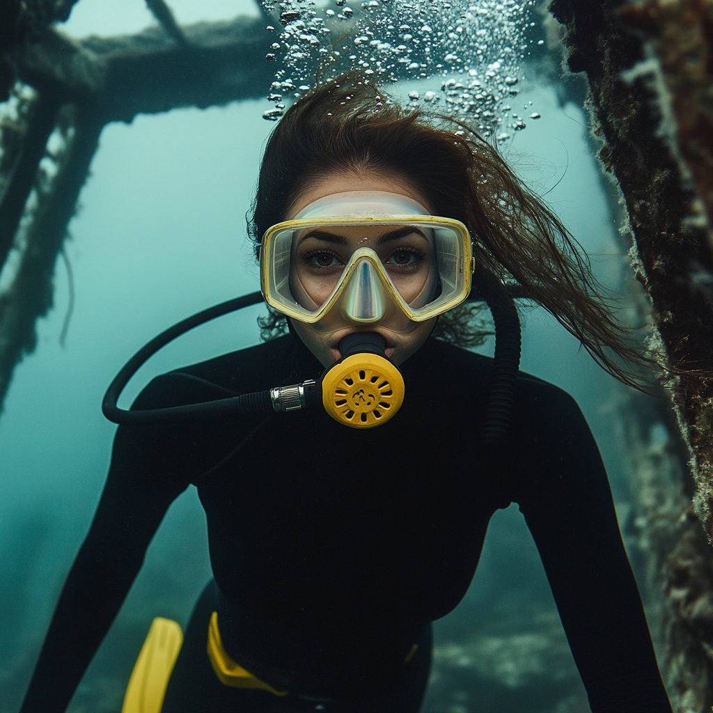 Beautiful brunette diving in sunken ship with yellow fins.