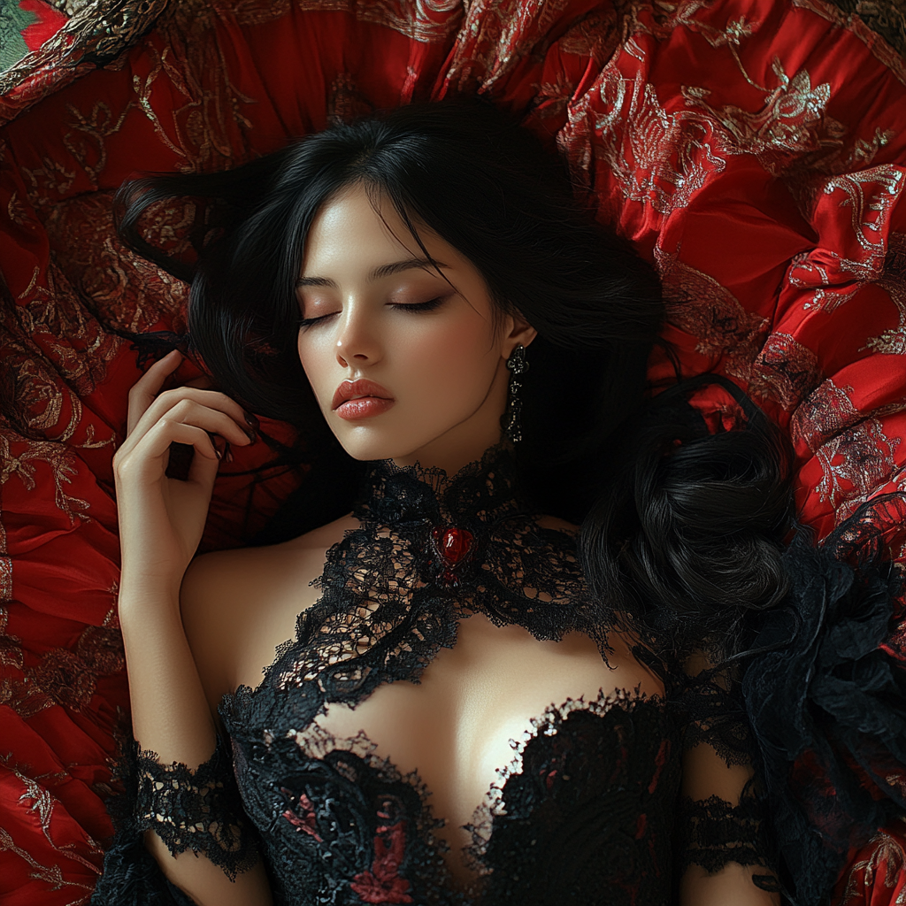 Beautiful brunette in gothic nightgowm, lying down, surreal.