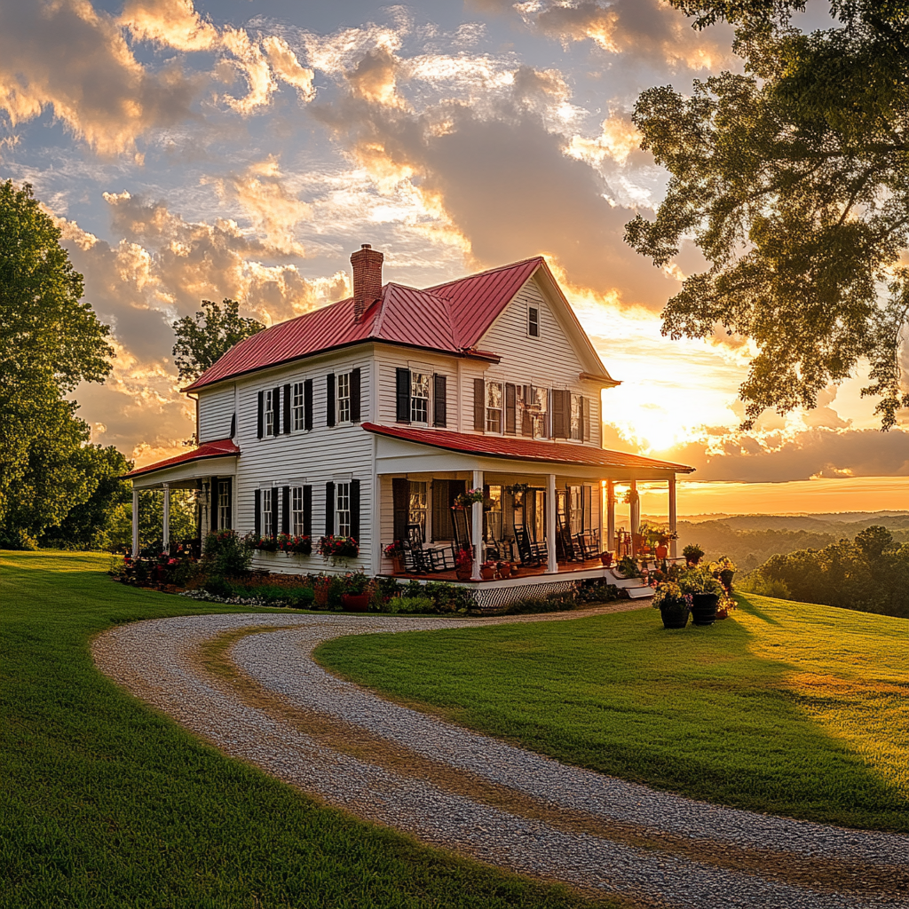 Beautiful farmhouse with red roof, white exterior, flowers, chairs.