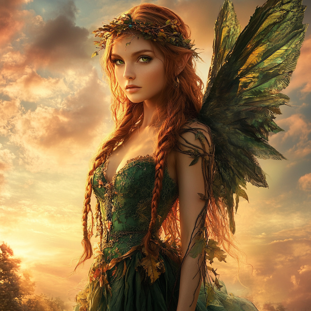 Beautiful female Angel with auburn braided hair flying.